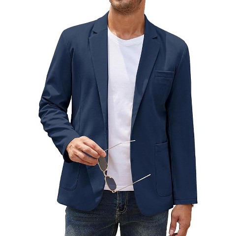 COOFANDY Men's Casual Linen Blazer Lightweight Regular Fit Sport Coat One Button Suit Jacket Navy Blue L
