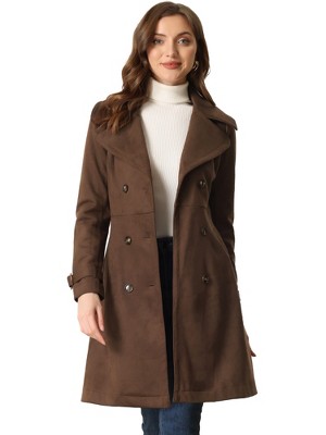 Allegra K Women's Faux Suede Notched Lapel Strap Cuff Solid Double Breasted Tie Belt Trench Coat