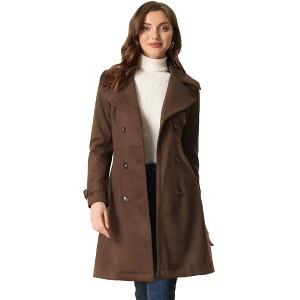 Allegra K Women's Faux Suede Notched Lapel Strap Cuff Solid Double Breasted Tie Belt Trench Coat - 1 of 4