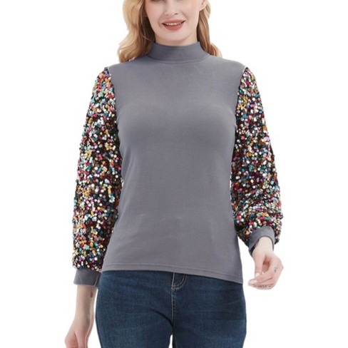 Anna-Kaci Women's Sequin Puffed Long Sleeve Mock Neck Pullover - image 1 of 4