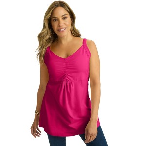 Jessica London Women's Plus Size Stretch Cotton Shirred Tank - 1 of 4