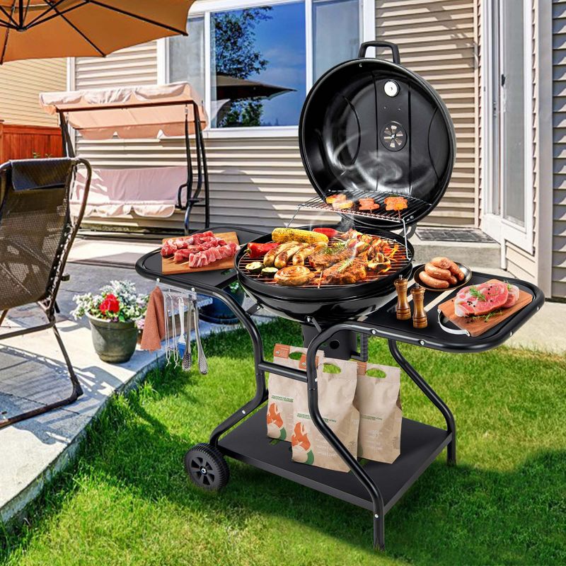 Costway 22 inch Charcoal BBQ Grill with Built-In Thermometer Wheels Side & Bottom Shelves, 2 of 10