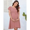 Maternity V Neck Swiss Dot Dress Summer Casual Short Sleeve Flowy Midi Dress Belt Photoshoot Baby Shower - 2 of 4