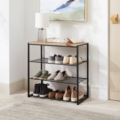 4 Tier Shoe Rack Black Metal with Natural Wood - Brightroom&#8482;