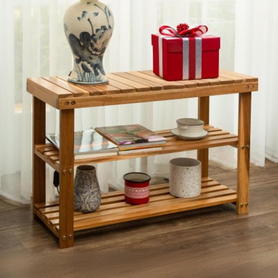 Acacia Wood Shoe Rack Bench, 3-Tier Shoe Storage Organizer, Strong 200 LBS Load Capacity For Entryway Front Door Bathroom Bedroom Living Room