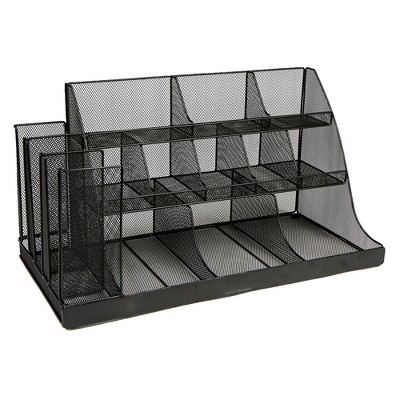 Mind Reader 14 Compartment 3 Tier Large Breakroom Condiment Organizer, Black Metal Mesh