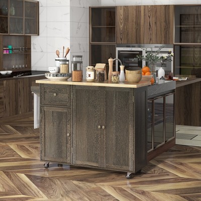 SKRAN Triple-Cabinet Rolling Kitchen Island on Wheels, Storage Shelf Adjustment, Rolling Utility Cart with Wood Top, Towel Rack,Distressed Brown