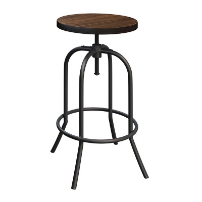 Adjustable Dark Walnut and Iron Swivel Bar Stool