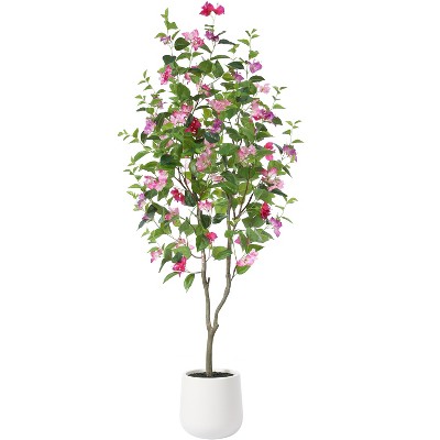 Kazeila Artificial Bougainvillea Tree with White Planter, Tall Faux Bougainvillea Trees with Red Flowers