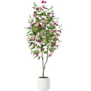 Kazeila Artificial Bougainvillea Tree with White Planter, Tall Faux Bougainvillea Trees with Red Flowers - 1 of 4