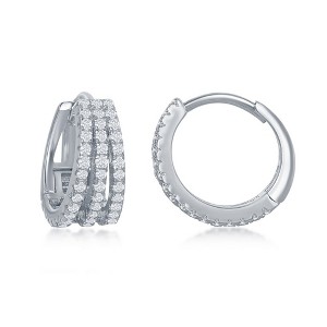 Bella Silver Sterling Silver Triple Row CZ Small Hoop Earrings - Silver - 1 of 2