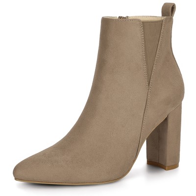 Allegra K Women's Faux Suede Pointed Toe Zipper Block Heels Ankle Boots