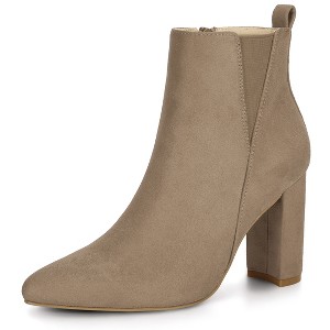 Allegra K Women's Faux Suede Pointed Toe Zipper Block Heels Ankle Boots - 1 of 4