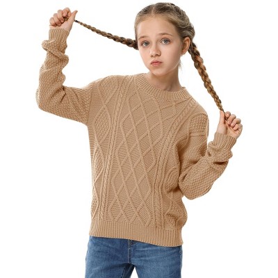 Girls' Cable Knit Sweater, Crew Neck Long - Sleeve Pullover for Kids, Casual Winter Fall Knitted Top