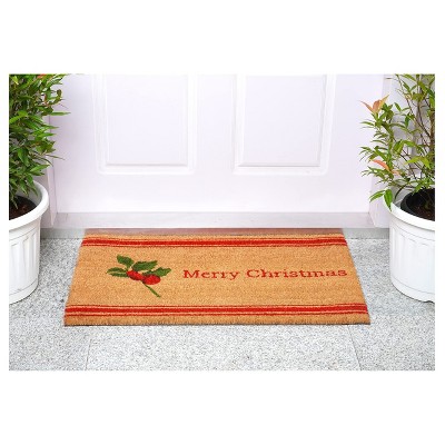 Merry Christmas Holly Berry Coir Doormat with Vinyl Backing