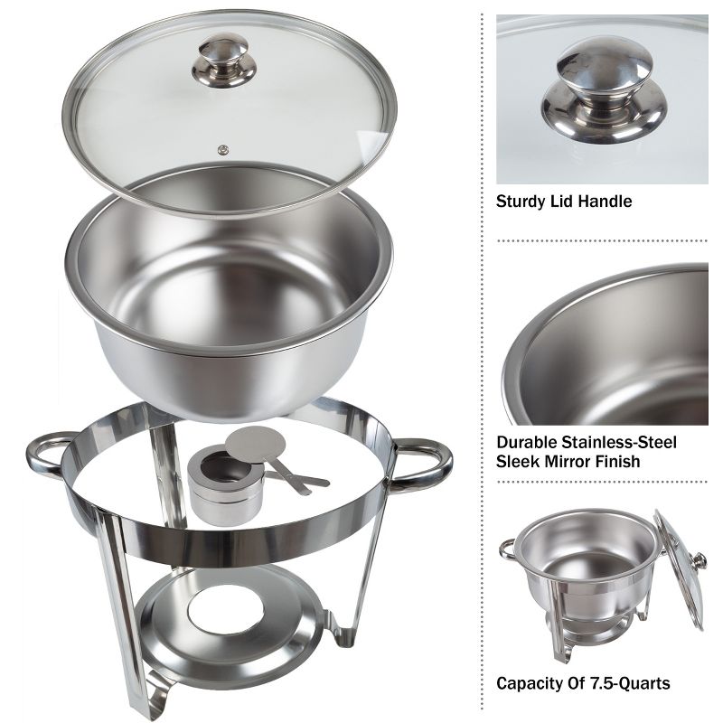 Great Northern Popcorn Chafing Dish 7.5 Quart Stainless Steel Round Buffet Set – Includes Water Pan, Food Pan, Cover, Fuel Holder, and Stand, 3 of 13