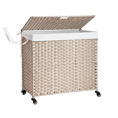 Fontoi Utility Storage Bins, Clothes Hamper with Rattan Frame Wheels, Laundry Basket with Two Removable Bags, Gray, 13.4"*26.4"*27.6"