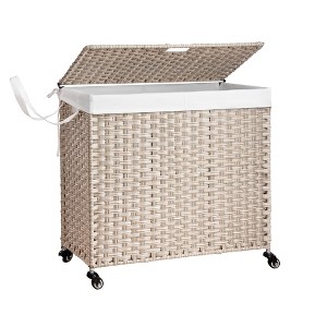 Fontoi Utility Storage Bins, Clothes Hamper with Rattan Frame Wheels, Laundry Basket with Two Removable Bags, Gray, 13.4"*26.4"*27.6" - 1 of 4