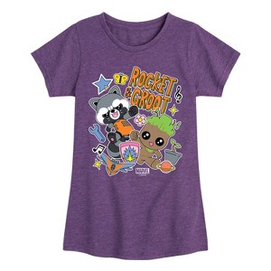 Girls' - Marvel - Guardians of the Galaxy Groot And Rocket Sticker Fitted Short Sleeve Graphic T-Shirt - 1 of 4