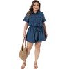 Women's Plus Size Lapel Collared Roll Short Sleeve Belted Button Down Casual Short Jumpsuits with Pockets - Agnes Orinda - 3 of 4