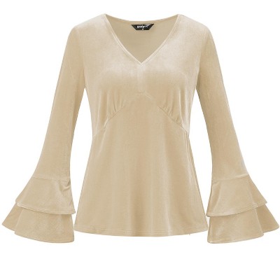 INSPIRE CHIC Women's Regular Fit V Neck Velvet Flare Long Sleeve Peplum Blouse