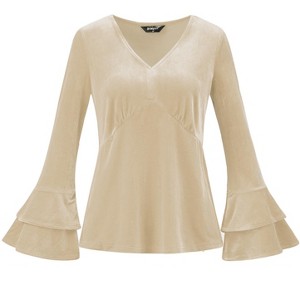 INSPIRE CHIC Women's Regular Fit V Neck Velvet Flare Long Sleeve Peplum Blouse - 1 of 4
