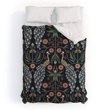 Queen Emanuela Carratoni Peacocks and Berries Polyester Duvet Cover + Pillow Shams Blue - Deny Designs