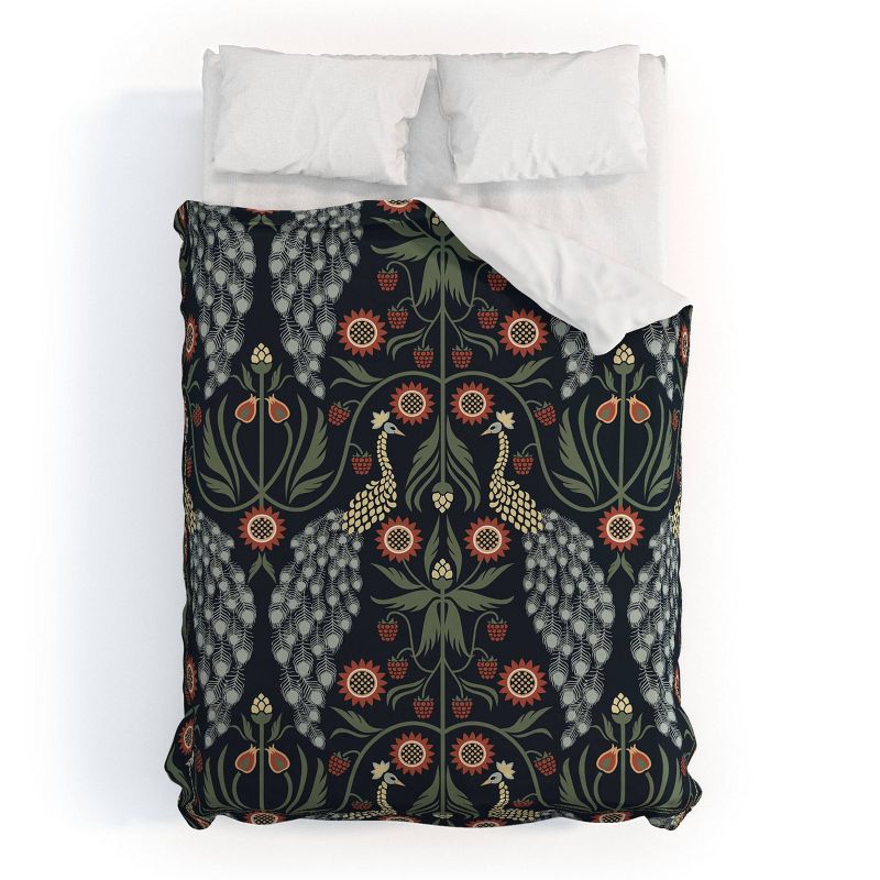 Queen Emanuela Carratoni Peacocks and Berries Polyester Duvet Cover + Pillow Shams Blue - Deny Designs, 1 of 9