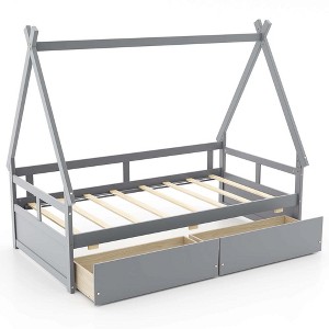 Costway Twin Size House Bed with Roof Safety Guardrail 2 Storage Drawers Wood Slat Support Gray - 1 of 4