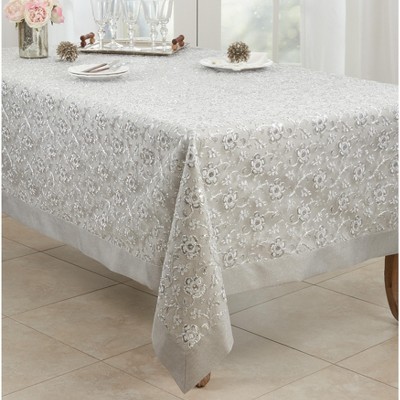 Silver Floral Embroidered Rectangular Tablecloth 65" x 120"