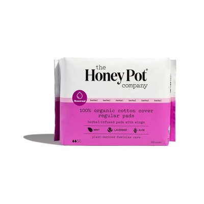 The Honey Pot Company Herbal Regular Pads with Wings, Organic Cotton Cover - 20ct