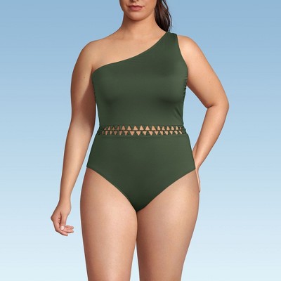 Lands' End Women's Macrame One Shoulder High Leg One Piece Swimsuit