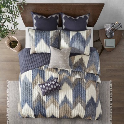 Photo 5 of FULL / QUEEN INK+IVY Alpine 3 Piece Printed Cotton Coverlet Set.  This cotton coverlet set flaunts a sophisticated ikat chevron print on the face with a solid reverse to create a striking modern and elegant look. 