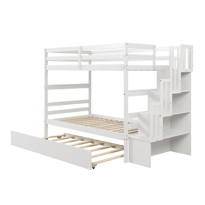 Twin Over Twin Bunk Bed With Trundle, Stairs And Storage Shelves White ...