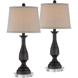 Regency Hill Ben Rustic Farmhouse Table Lamps Set of 2 with Round Risers 26" High Dark Bronze Beige Linen Drum Shade for Bedroom Living Room Bedside - 1 of 4