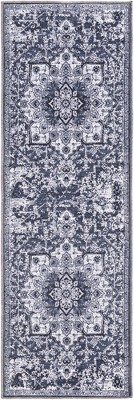 Dark Gray Medallion Washable Chenille Runner Rug