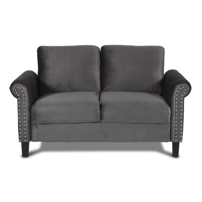 Gray Velvet Loveseat with Nailhead Trim and Rolled Arms