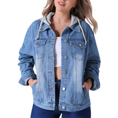 INSPIRE CHIC Women's Long Sleeve Button Down Detachable Hoodie Jean Jacket