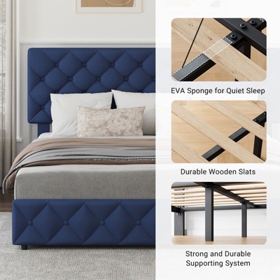 Upholstered Queen Platform Bed Frame with 4 Storage Drawers, PU Leather with Button Tufted, Wooden Slats Support, No Box Spring Needed, Noise-Free