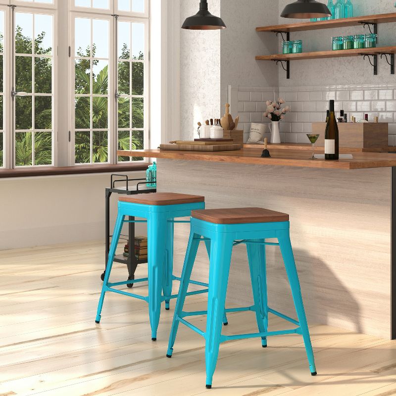 Merrick Lane Backless Metal Dining Stool with Wooden Seat for Indoor Use, 3 of 5