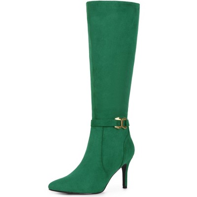 BLISSFUL STEP Women's Buckle Pointed Toe Side Zip Stiletto Heel Knee High Boots