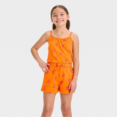 Girls' Floral Short Sleeve Open-Back Jumpsuit - Cat & Jack™ Coral Orange L