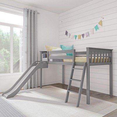 Max & Lily Twin Size Low Loft Bed with Slide, Solid Wood Kids Platform Bed with 14” Guardrails