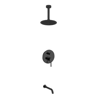 KubeBath Aqua Rondo Matte Black Shower Set w/ Ceiling Mount 8Inch Rain Shower and Tub Filler