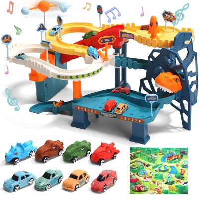 Skirfy Dinosaur Race Track Playset with Large Map, 4 Dino Pull Back Cars, Garage Parking Adventure Toy, green
