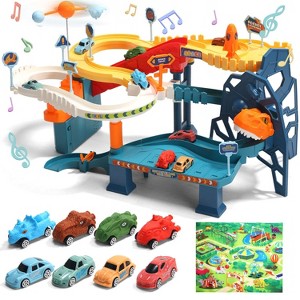 Skirfy Dinosaur Race Track Playset with Large Map, 4 Dino Pull Back Cars, Garage Parking Adventure Toy, green - 1 of 4