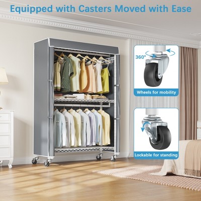 Heavy Duty White Rolling Garment Rack with Grey Cover