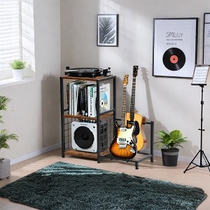 FurnitureR Multifunctional Guitar Stand with Storage Shelves – Industrial Style 3-Tier Music Equipment Rack with Wooden Board, Brown - 1 of 4