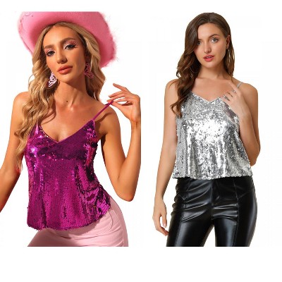 Allegra K Women's Sequined Shining Adjustable Straps Party Sparkle Cami Top 2 Packs