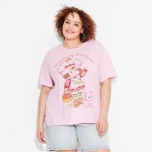 Women's Oversized Print Strawberry Shortcake Short Sleeve Graphic T-Shirt - Pink - 1 of 4